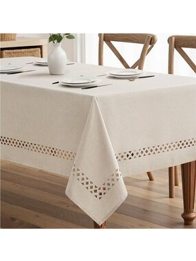 NEW MIULEE Beige Rectangle Polyester Tablecloth with Decorative Cutouts. 60x104”